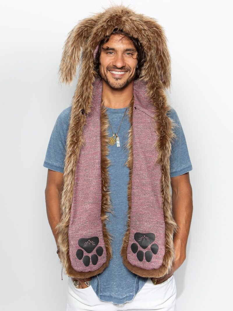 Man wearing faux fur CinnaBunny Collector Edition SpiritHood, front view 1