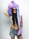 Woman wearing CatsInSpace Cotton Candy Kitty CE Faux Fur SpiritHood, front view 1