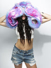 Woman wearing CatsInSpace Cotton Candy Kitty CE Faux Fur SpiritHood, front view