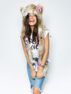 Woman wearing Faux Fur Catleidoscope Collector Edition SpiritHoods, front view 2