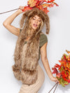 Woman wearing faux fur CinnaBunny Collector Edition SpiritHood, side view