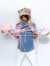 Man wearing faux fur Catleidoscope Collector Edition SpiritHood, front view 3