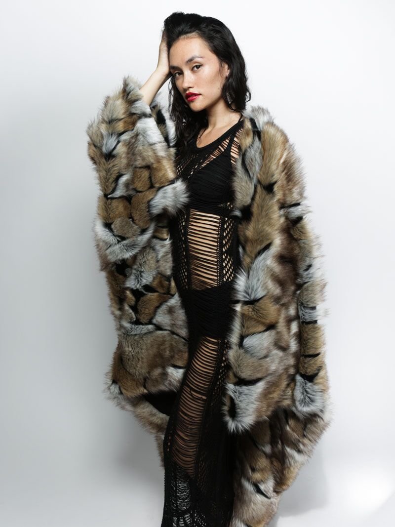 Grey and Brown Faux Fur Wolverine Throw on Female