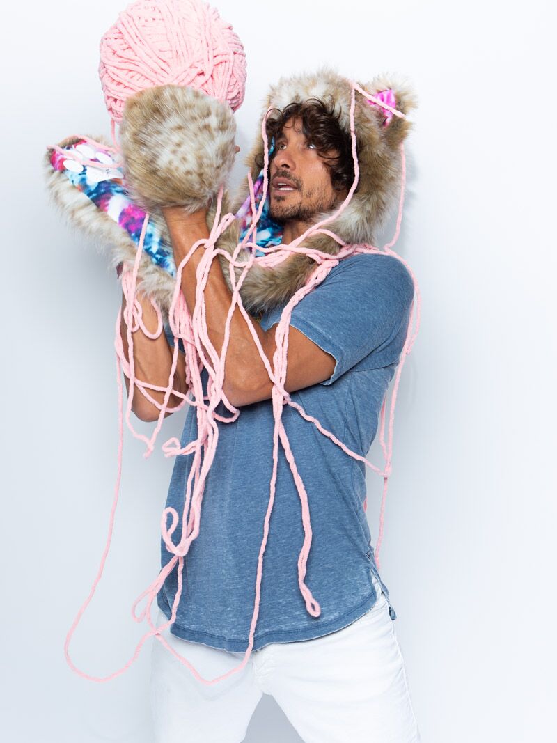 Man wearing faux fur Catleidoscope Collector Edition SpiritHood, front view 1