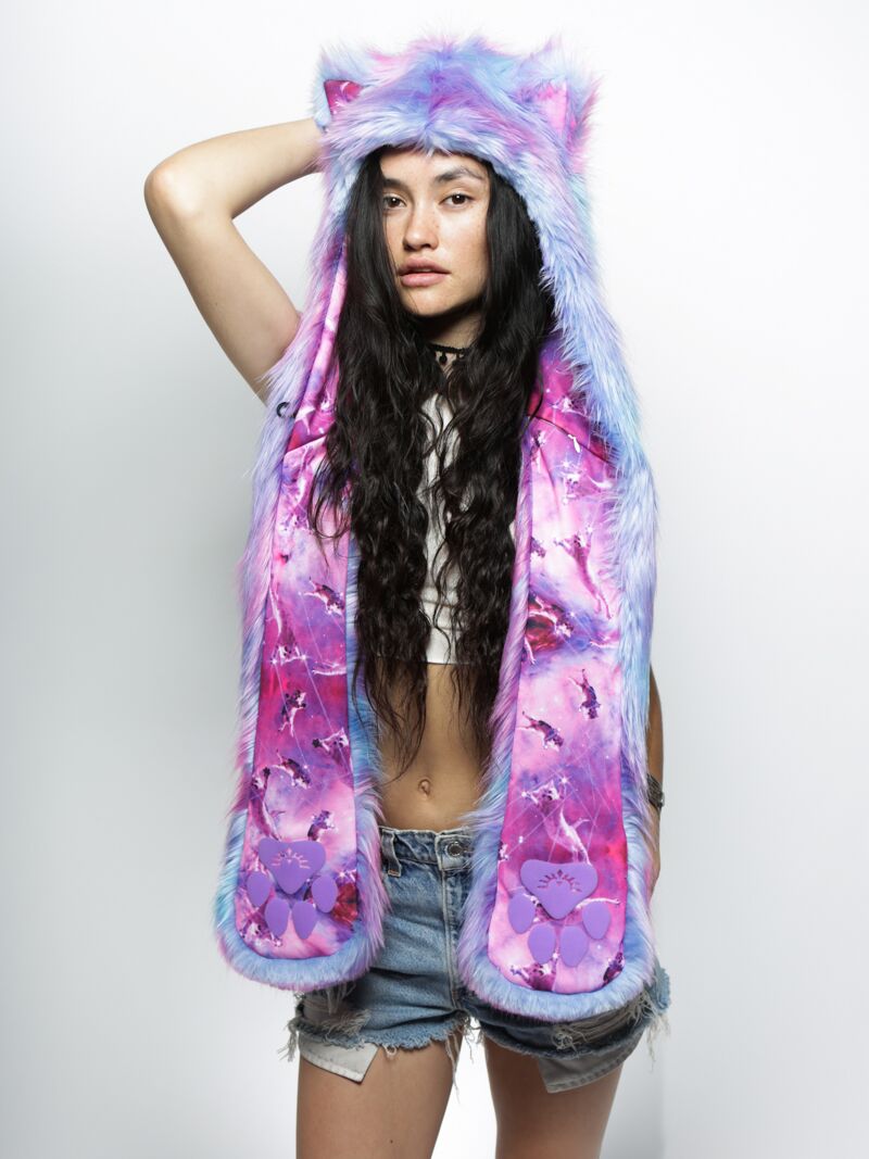 Woman wearing CatsInSpace Cotton Candy Kitty CE Faux Fur SpiritHood