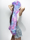 Woman wearing CatsInSpace Cotton Candy Kitty CE Faux Fur SpiritHood, side view 1