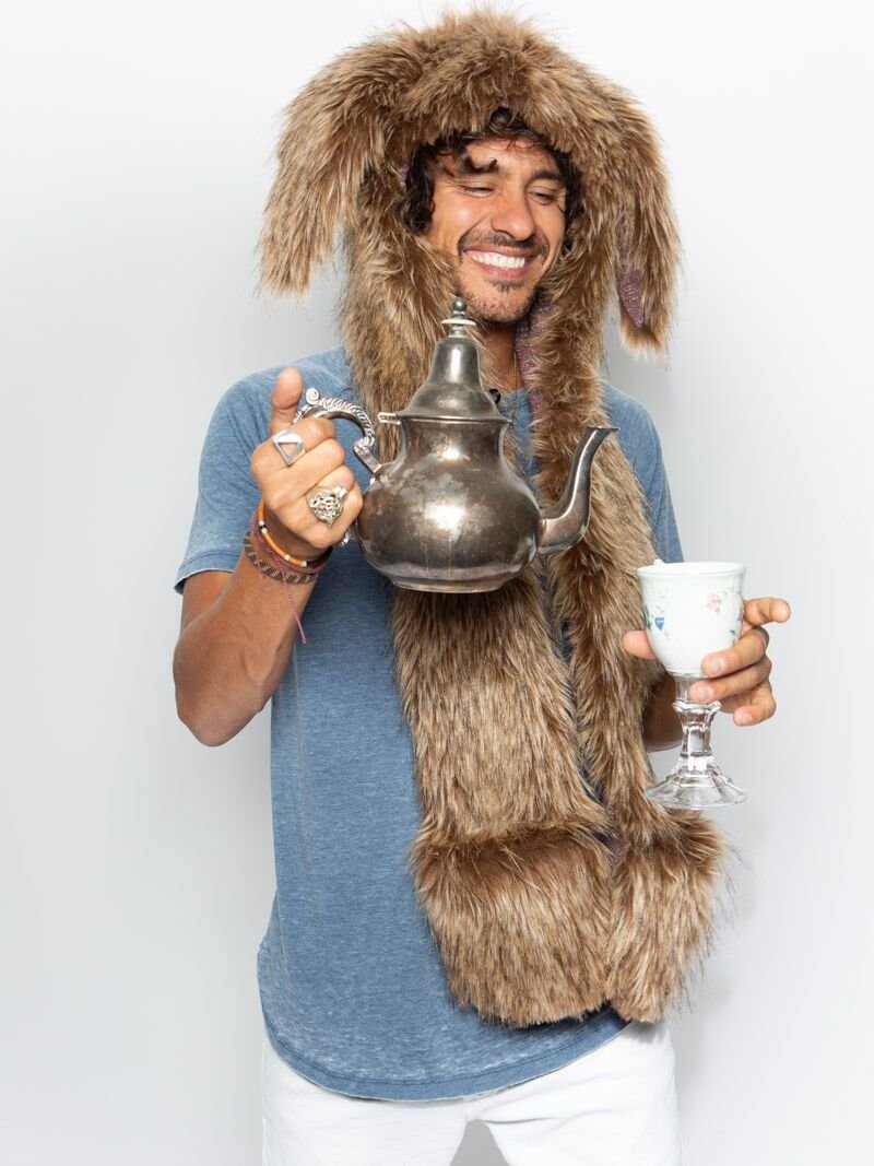 Man wearing faux fur CinnaBunny Collector Edition SpiritHood, front view 4