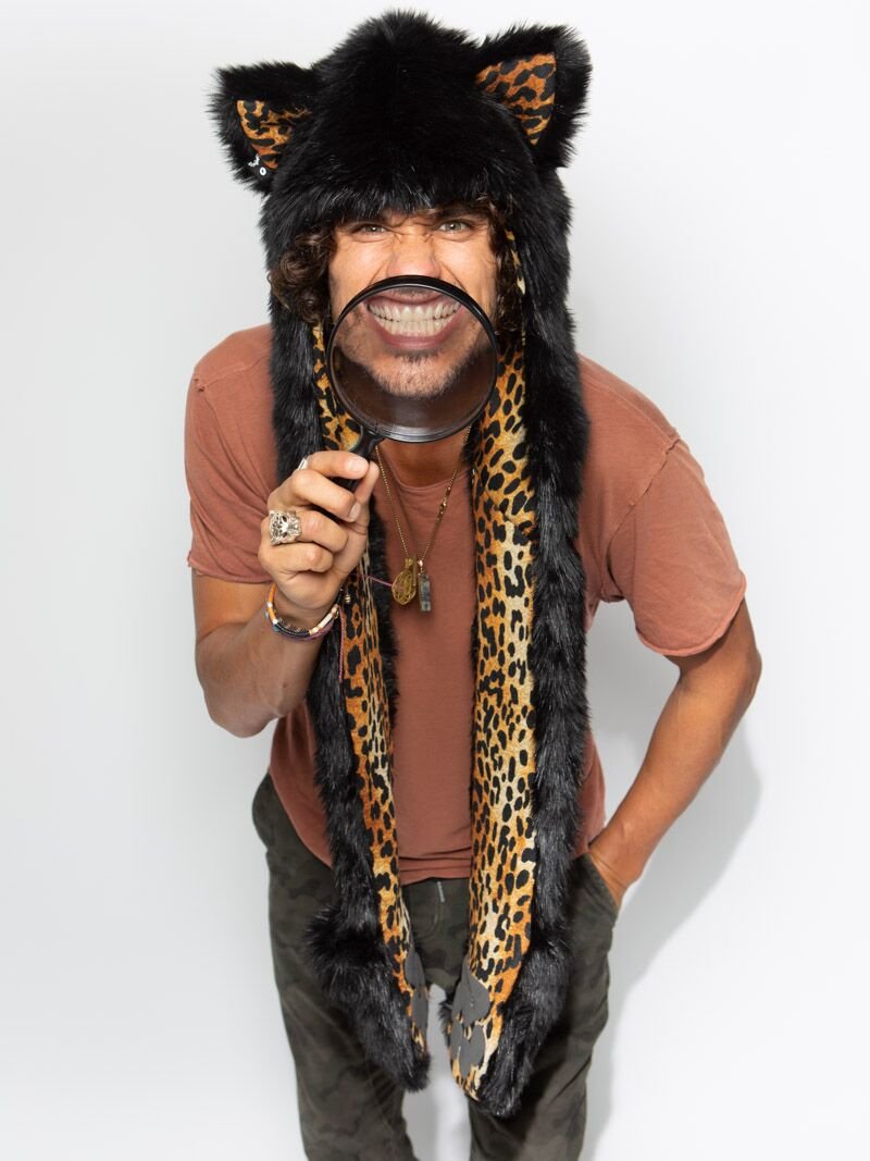 Man wearing faux fur Black Cat Collector Edition SpiritHood, front view 1