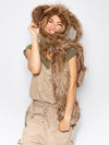 Woman wearing faux fur CinnaBunny Collector Edition SpiritHood, front view 1