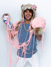 Man wearing faux fur Catleidoscope Collector Edition SpiritHood, front view 2