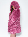 Woman Wearing Hooded Rose Finch Collector Edition Faux Fur Coat