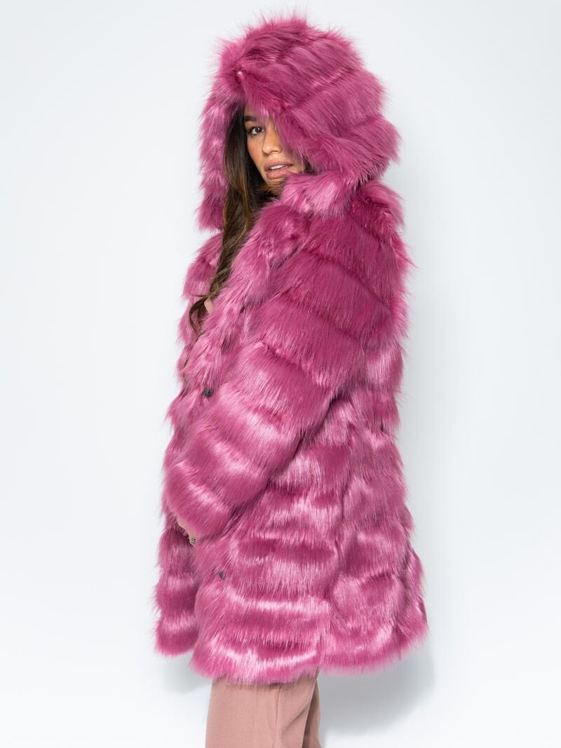 Woman Wearing Hooded Rose Finch Collector Edition Faux Fur Coat
