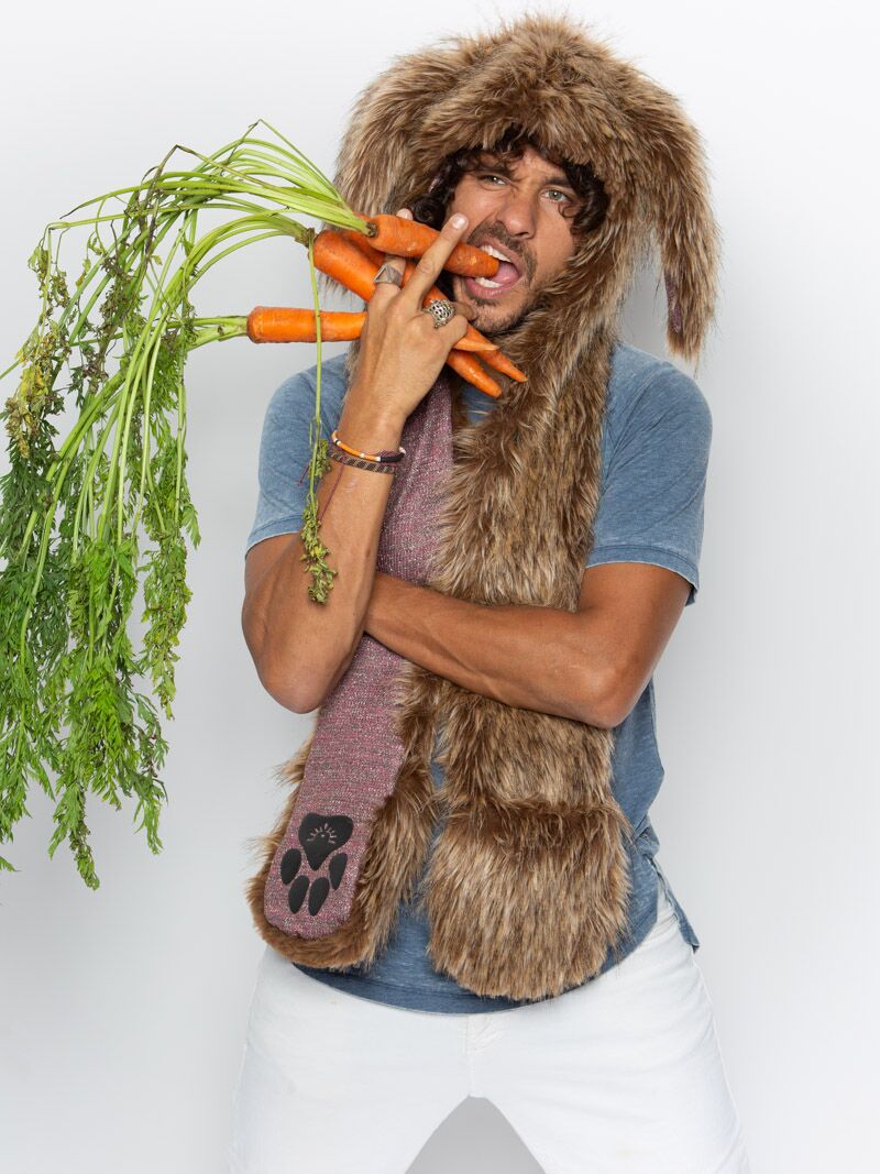 Man wearing faux fur CinnaBunny Collector Edition SpiritHood, front view 1