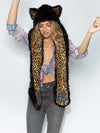Woman wearing Faux Fur Black Cat Collector Edition SpiritHood, front view 1