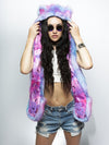 Woman wearing CatsInSpace Cotton Candy Kitty CE Faux Fur SpiritHood, front view 2