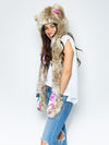 Woman wearing Faux Fur Catleidoscope Collector Edition SpiritHoods, side view