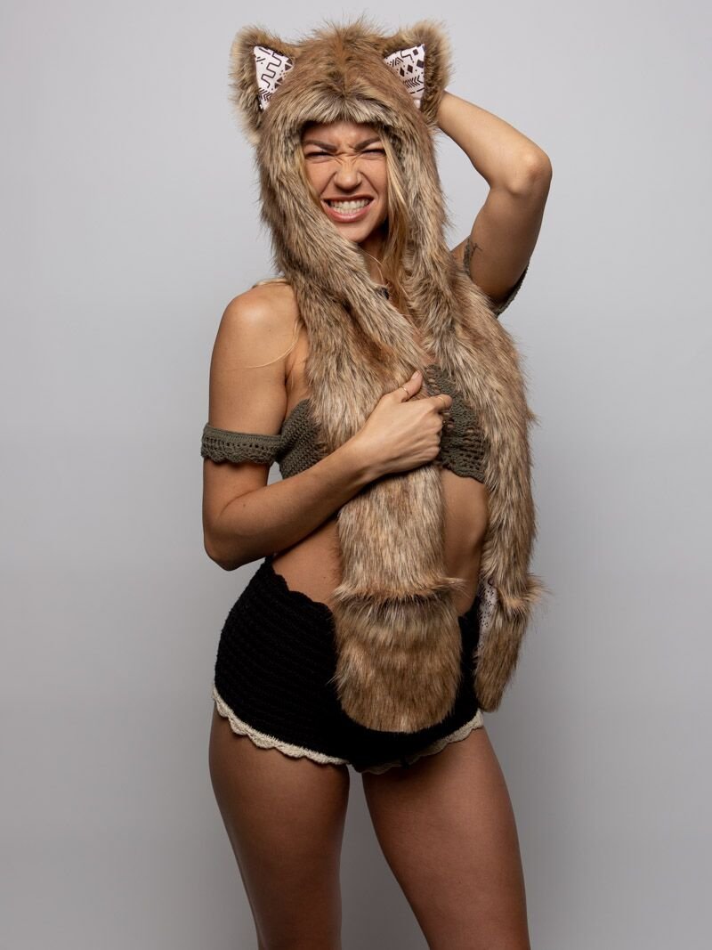 Woman wearing Coyote Collector Edition Faux Fur SpiritHood