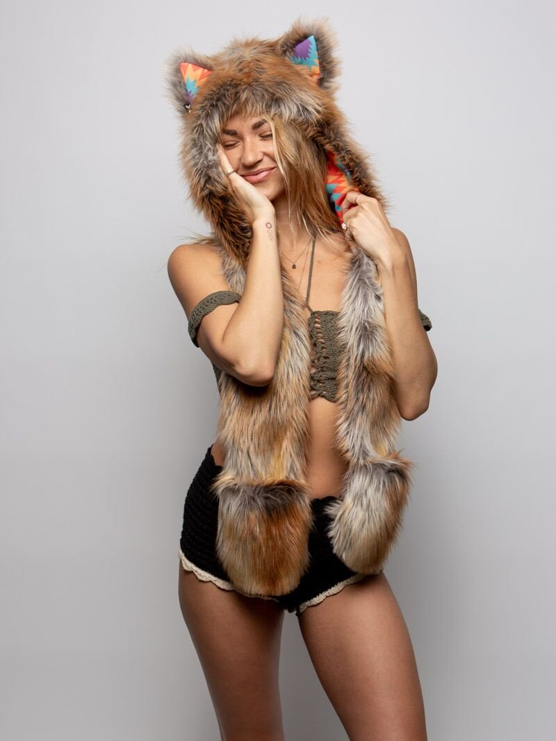 Woman wearing Desert Sunrise Fox CE Faux Fur SpiritHood, front view 2