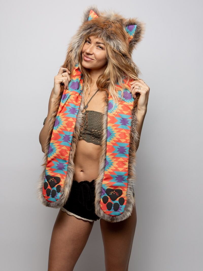 Woman wearing Desert Sunrise Fox CE Faux Fur SpiritHood, front view 1