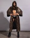 SpiritHoods premium gold leopard sequin duster robe featuring an oversized silhouette and mesh lining.