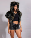 High-end festival streetwear: a cropped camo cat fake fur shrug wrap by SpiritHoods with an ultra-soft lining.
