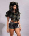 Top-rated festival fashion: a women's Camo Cat hooded festival shoulder wrap styled with studded black rave shorts.
