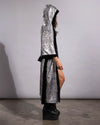 Sparkly silver snakeskin sequin cape-kimono featuring a deep hood, comfortable wide sleeves, and a mesh lightweight lining.