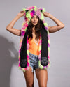 Women's Neon Fiesta Cat animal hood scarf featuring an integrated plush cat-ear headpiece and long scarf panels.