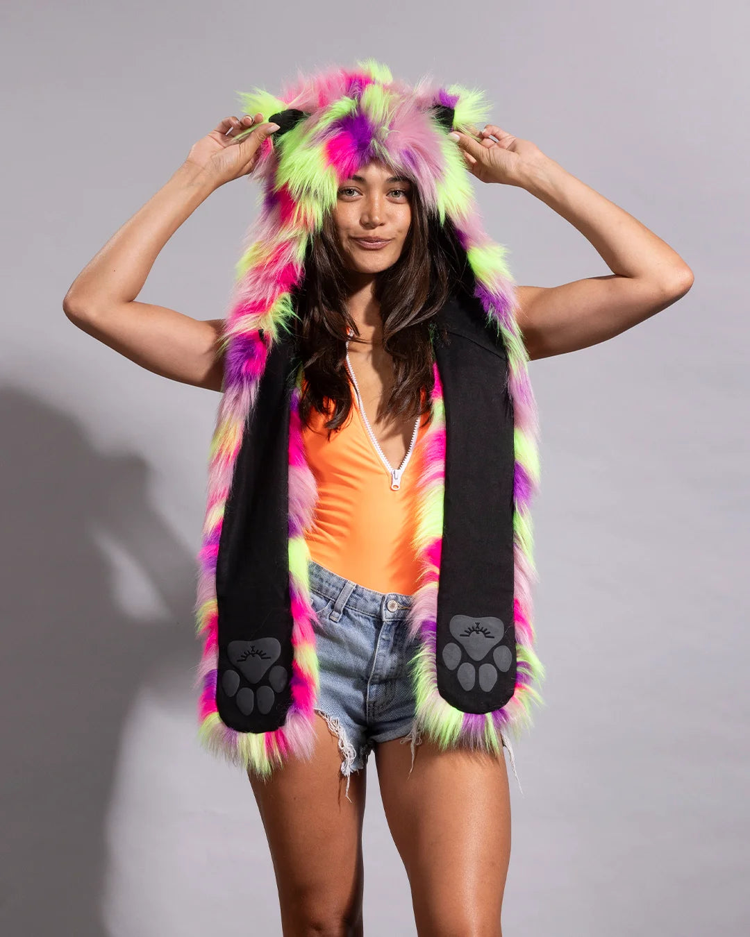 Women's Neon Fiesta Cat animal hood scarf featuring an integrated plush cat-ear headpiece and long scarf panels.
