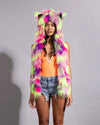 Blacklight reactive neon furry hood designed as an essential accessory for EDM festivals and rave gear setups