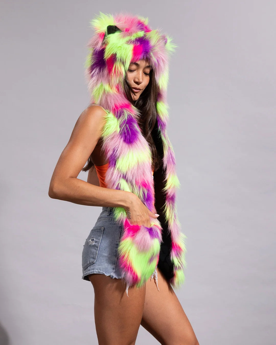 SpiritHoods neon feline rave hood highlighting the signature long scarf paws with integrated hand pockets.
