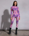 Sheer purple and pink leopard print mesh catsuit designed as a breathable, form-fitting festival layer.