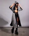 Liquid silver animal print festival kimono designed for dancing, light movement, and high-visibility sparkle.