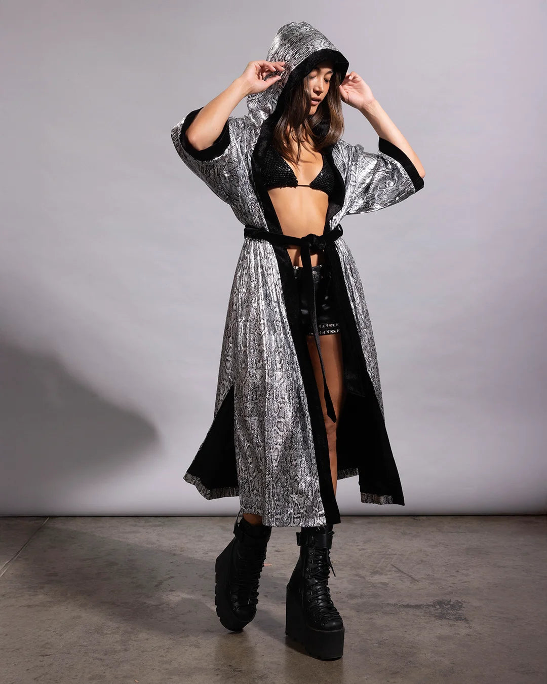 Liquid silver animal print festival kimono designed for dancing, light movement, and high-visibility sparkle.