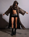 Shimmering metallic gold sequin duster coat kimono for women, providing a bold animal print statement layer.