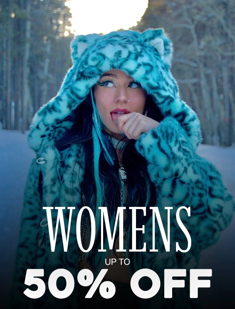 Woman wearing a leopard print hooded faux fur coat with promotional text overlay in a snowy forest setting
