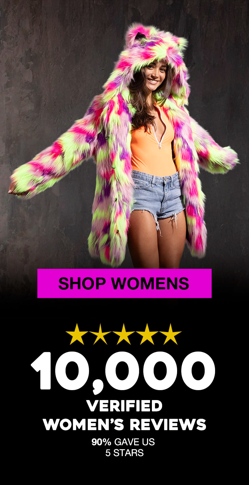 A woman wearing a bright multicolor fuzzy animal-print hooded jacket with pink, green, and purple tones, posed against a dark textured background. Large promotional text below reads 'SHOP WOMENS', '10,000 VERIFIED WOMEN'S REVIEWS', and '90% GAVE US 5 STARS'.