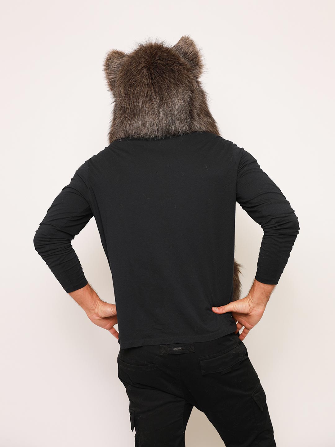 Man wearing Cyber Wolf Collector Edition Faux Fur Hood, back view 1