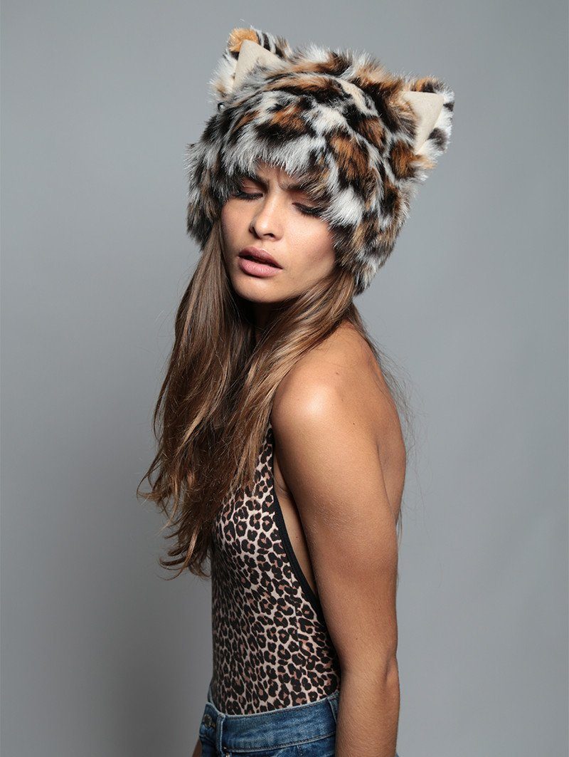 Woman wearing Mother Clouded Leopard Faux Fur Hood, side view 5
