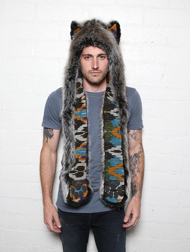 Man wearing faux fur Grey Wolf Ikat Collectors SpiritHood