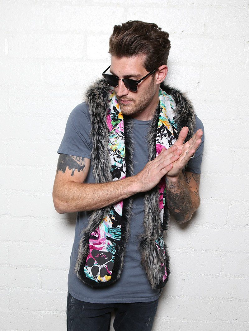 Man wearing faux fur Mystic Wolf Floral Collectors SpiritHood, side view