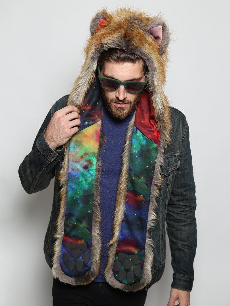 Man wearing The BlackMilk Red Fox Rainbow Galaxy faux fur SpiritHood, front view 1