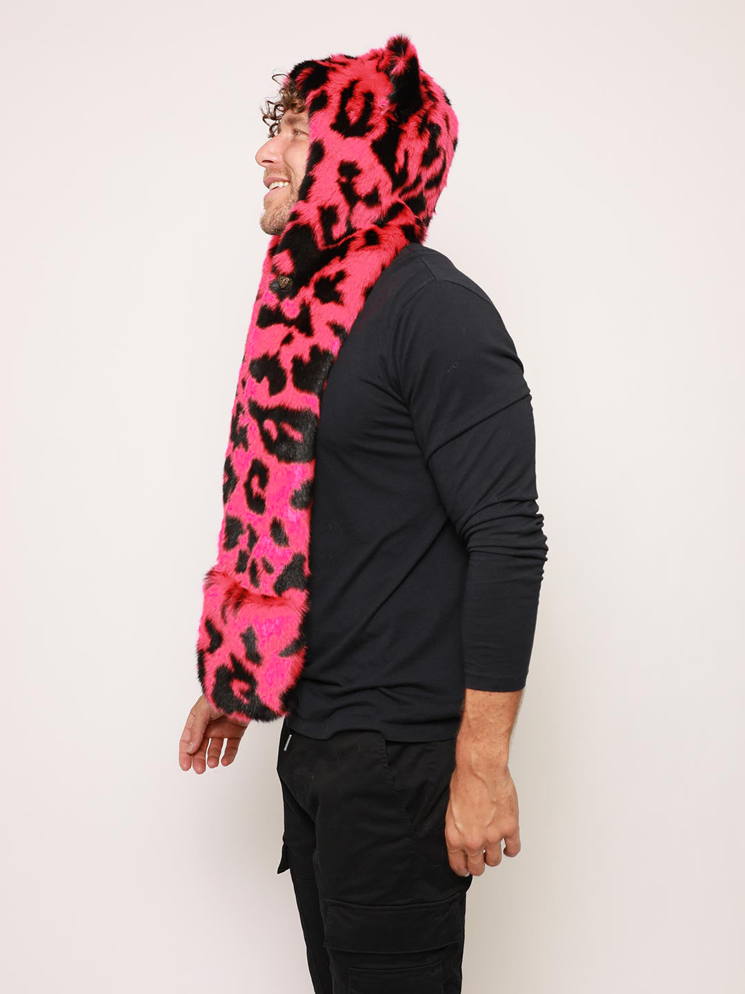 Man wearing Pink Panther Collector Edition Faux Fur Hood, side view 3