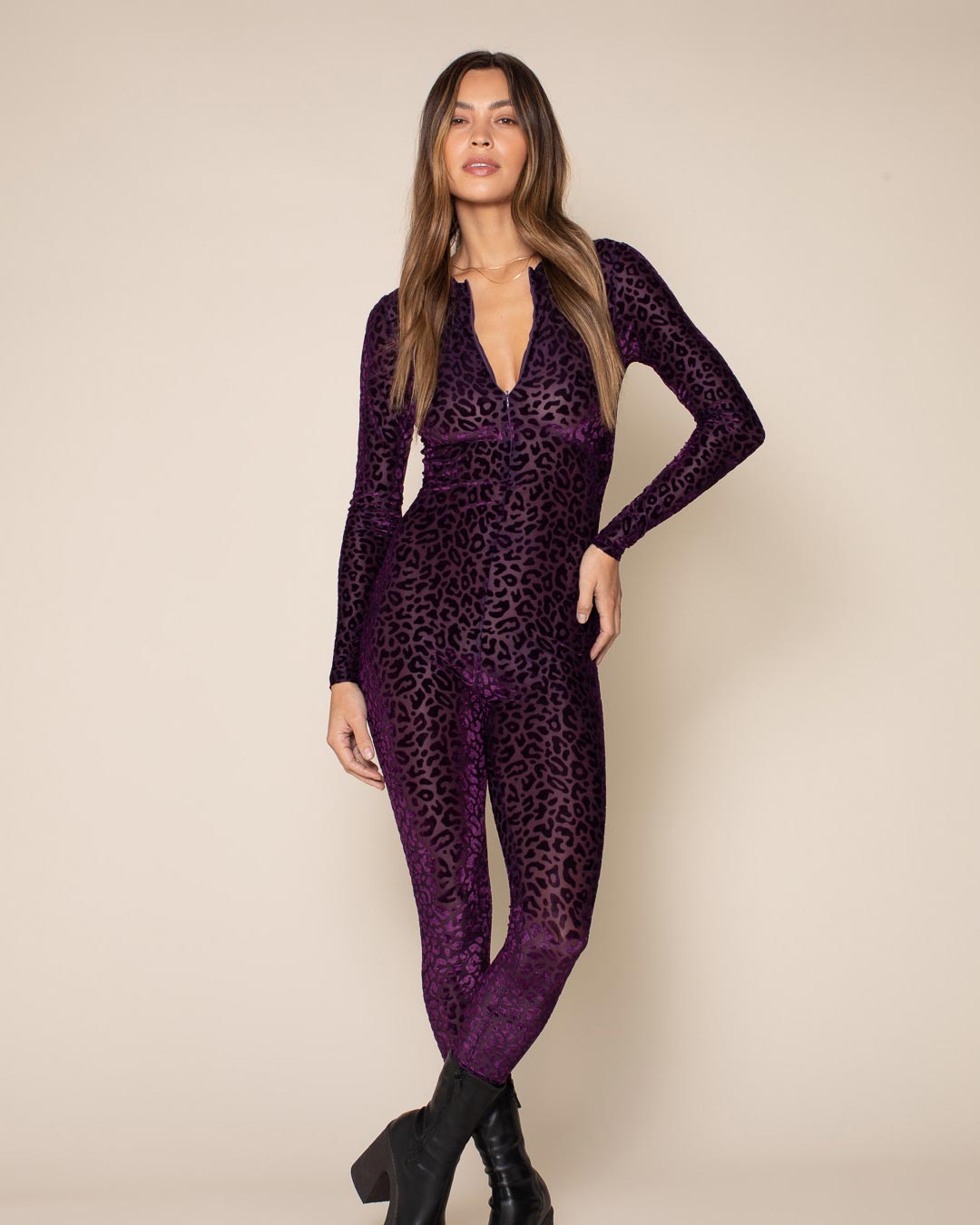Violet Leopard Burnout Velvet Full Bodysuit | Women's