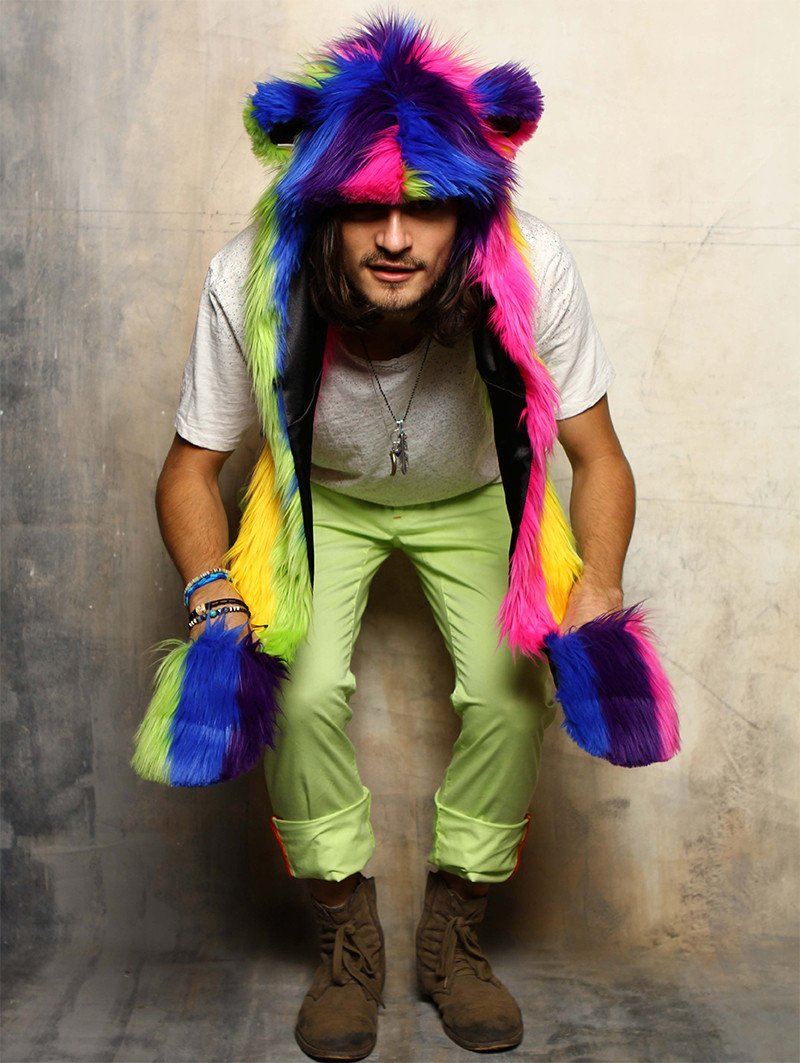 Man wearing faux fur Magic Bear SpiritHood, front view 1