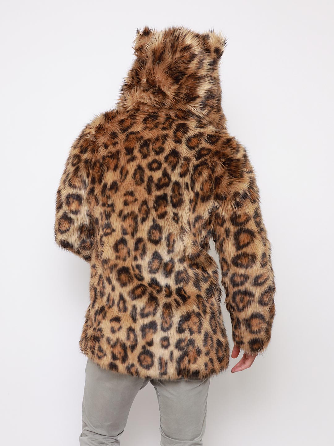 Man wearing Javan Leopard Classic Faux Fur *Almost Purfect* Coat, back view 1