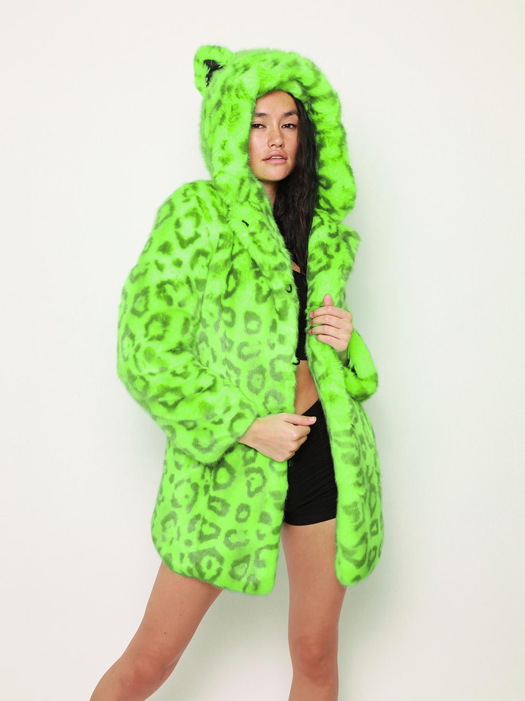 Woman wearing Neon Green Leopard Luxe Classic Faux Fur Coat, front view 3