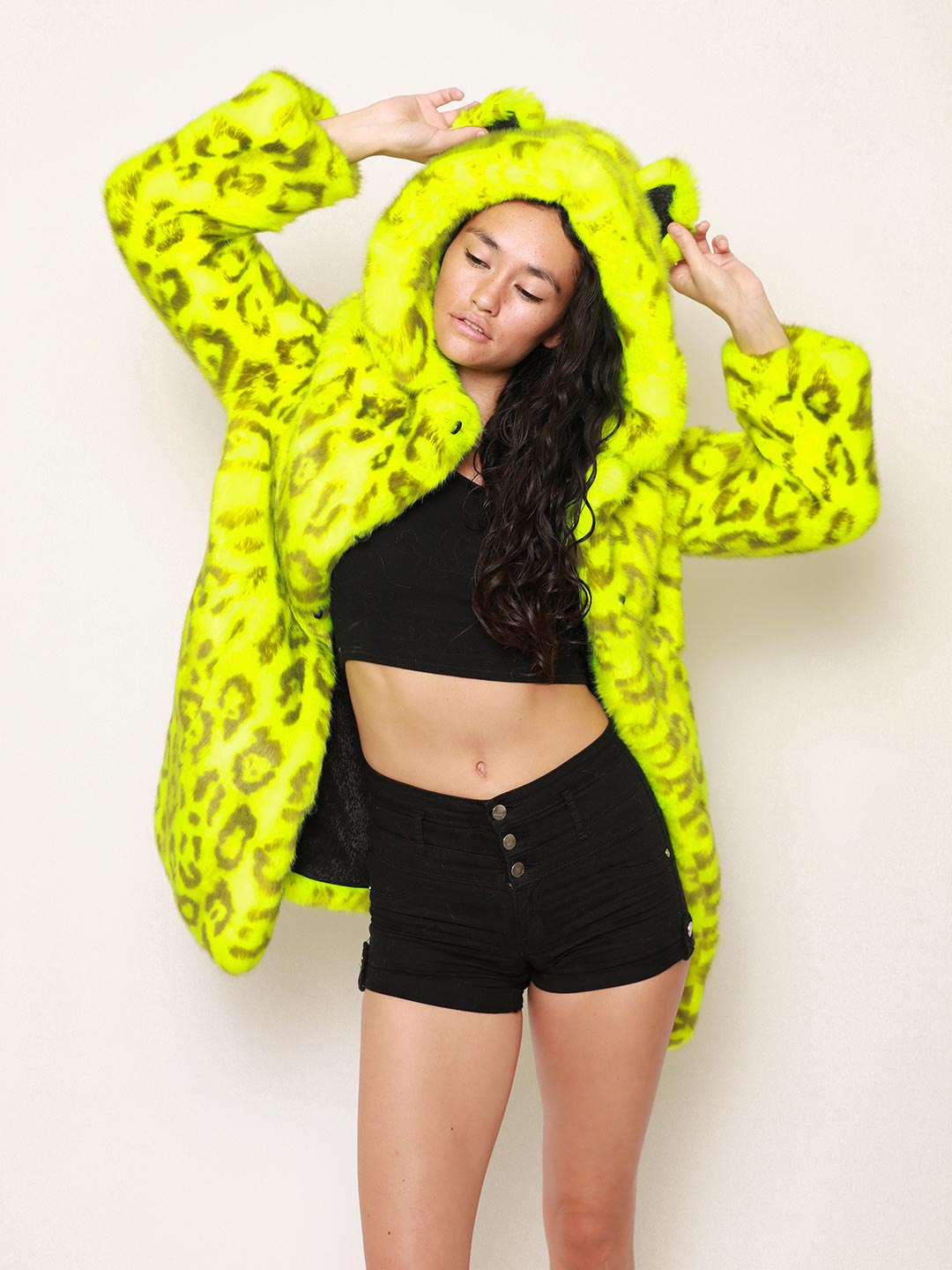 Woman wearing Neon Yellow Leopard Luxe Classic Faux Fur Coat, front view