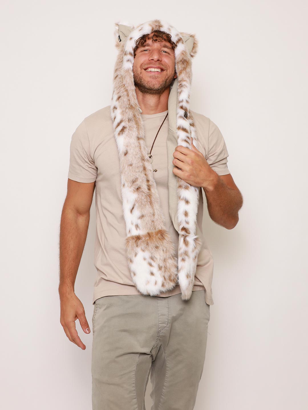 Ivory and Tan Siberian Snow Leopard Faux Fur Hood on Male