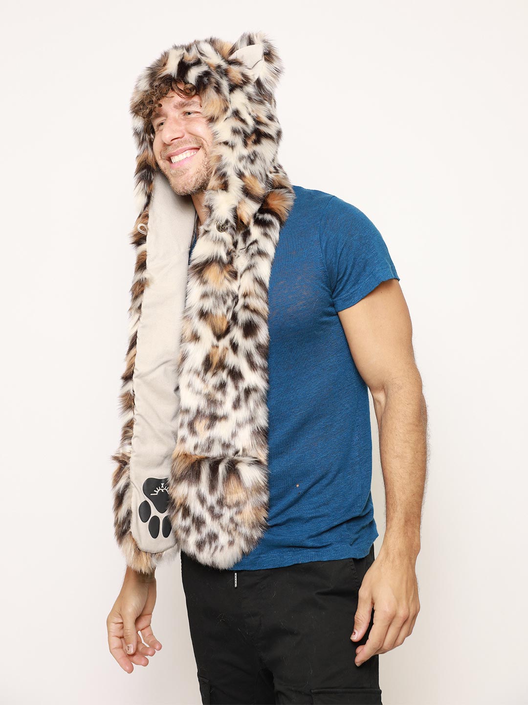 Man wearing Clouded Leopard Faux Fur Hood, side view 1
